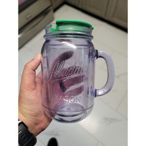 ~ Clear plastic Aladdin mason jar 16oz cup with green lid